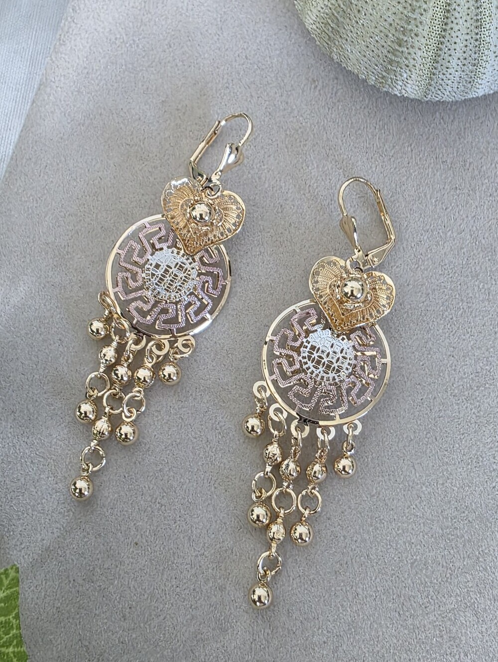 Elegant Gold Filled Greek Key Heart Dangle Earrings